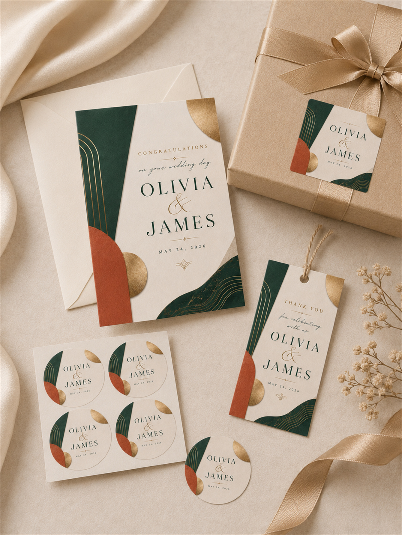 Emerald green and terracotta rust wedding decorations - abstract curved shapes for a modern and luxurious wedding - custom names and dates
